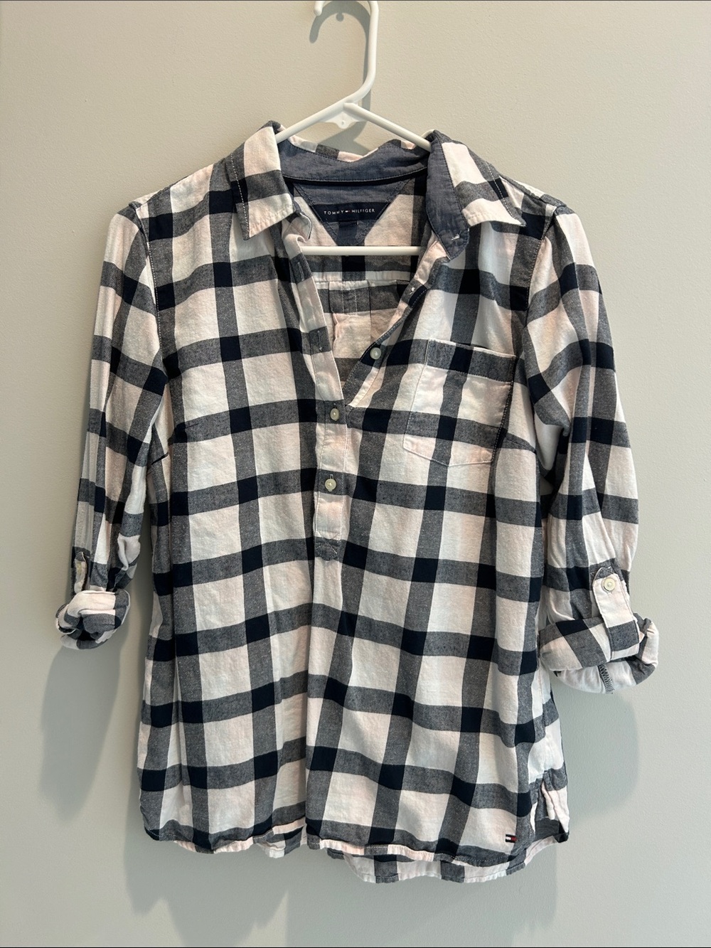 Tommy Hilfiger Navy, Pink and White Plaid Roll-Tab Button Top
